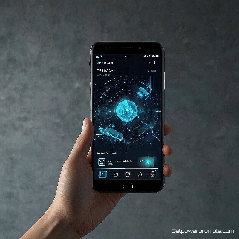smartphone with AR interface, digital painting, minimalist background, ambient light lighting, holographic interface elements, digital overlay effects, futuristic aesthetic, augmented reality visualization, interactive technology display