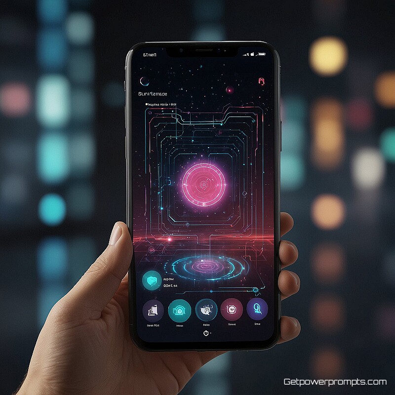 smartphone with AR interface, digital painting, minimalist background, futuristic glow lighting, holographic interface elements, digital overlay effects, futuristic aesthetic, augmented reality visualization, interactive technology display