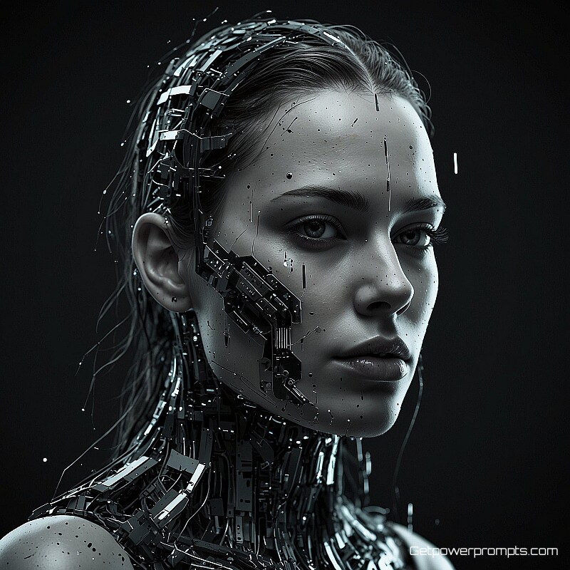 android with glowing circuits, 3D rendered character with textures, black and white with grayscale glitches, digital data corruption and artifacts effects, dynamic and energetic feeling atmosphere, digital portrait art, distorted features, pixel displacement, data corruption aesthetic, contemporary digital art, expressive face, technological distortion, vibrant digital artifacts