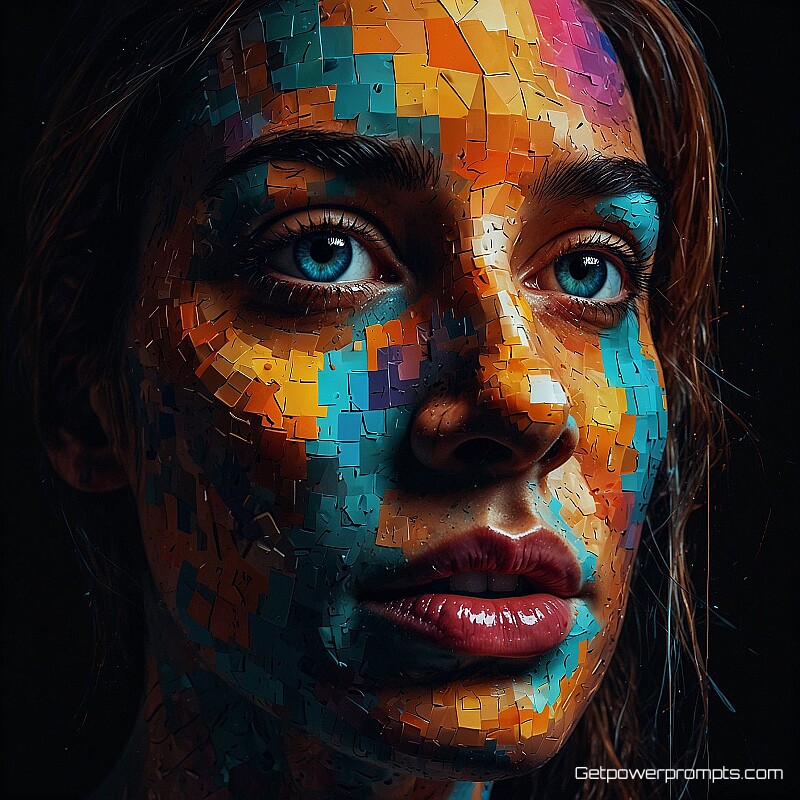 geometric human face with digital patterns, digital painting with brush strokes, vibrant neon colors with dark background, digital data corruption and artifacts effects, dynamic and energetic feeling atmosphere, digital portrait art, distorted features, pixel displacement, data corruption aesthetic, contemporary digital art, expressive face, technological distortion, vibrant digital artifacts