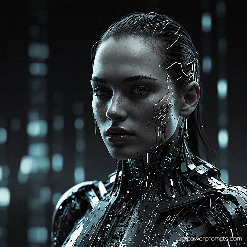 android with glowing circuits, 3D rendered character with textures, black and white with grayscale glitches, digital data corruption and artifacts effects, sci-fi futuristic atmosphere atmosphere, digital portrait art, distorted features, pixel displacement, data corruption aesthetic, contemporary digital art, expressive face, technological distortion, vibrant digital artifacts