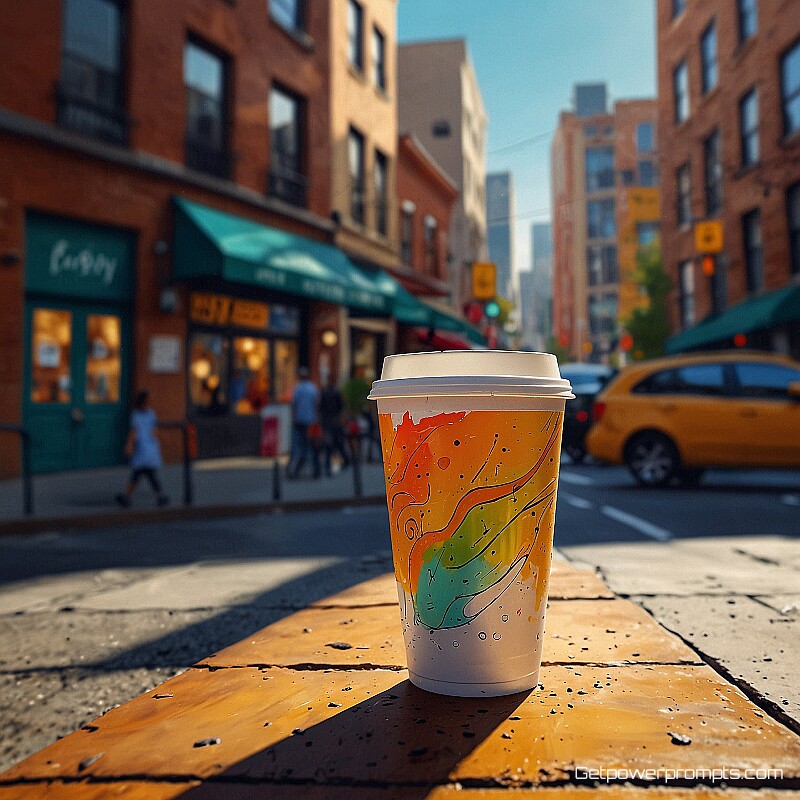 talking coffee cup, digital painting digital art, joyful atmosphere, city street background, cartoon illustration style, expressive character design, vibrant colors, detailed line work, playful composition