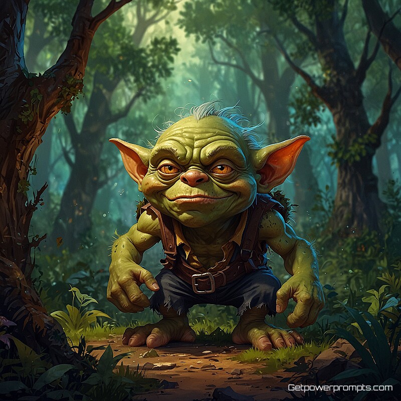 grumpy goblin, digital painting digital art, joyful atmosphere, magical forest background, cartoon illustration style, expressive character design, vibrant colors, detailed line work, playful composition