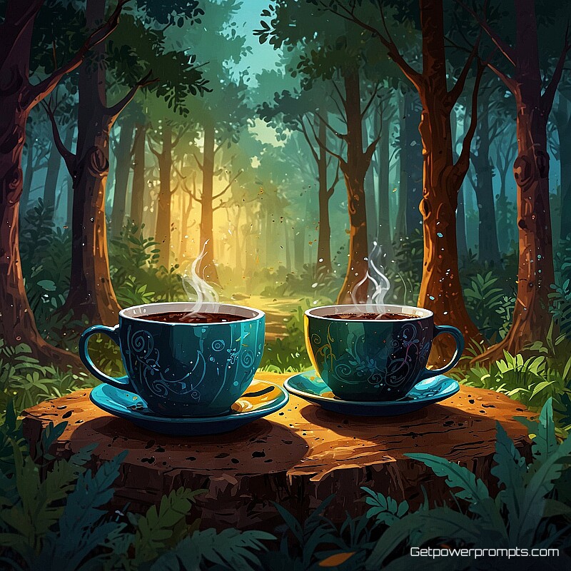 talking coffee cup, digital painting digital art, humorous atmosphere, magical forest background, cartoon illustration style, expressive character design, vibrant colors, detailed line work, playful composition