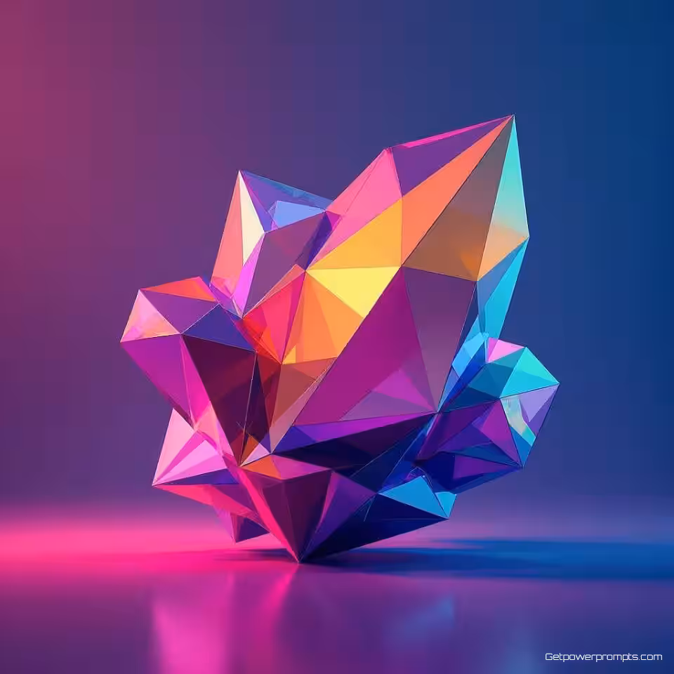Geometrische kristallen, 3D abstracte kunst, minimalistisch stijl, fel neon kleurenschema, dramatische studiobelichting verlichting, effen zwart achtergrond, dynamische compositie, geometrische vormen, organische vormen, professionele 3D visualisatie, gedetailleerde texturen, artistieke weergave