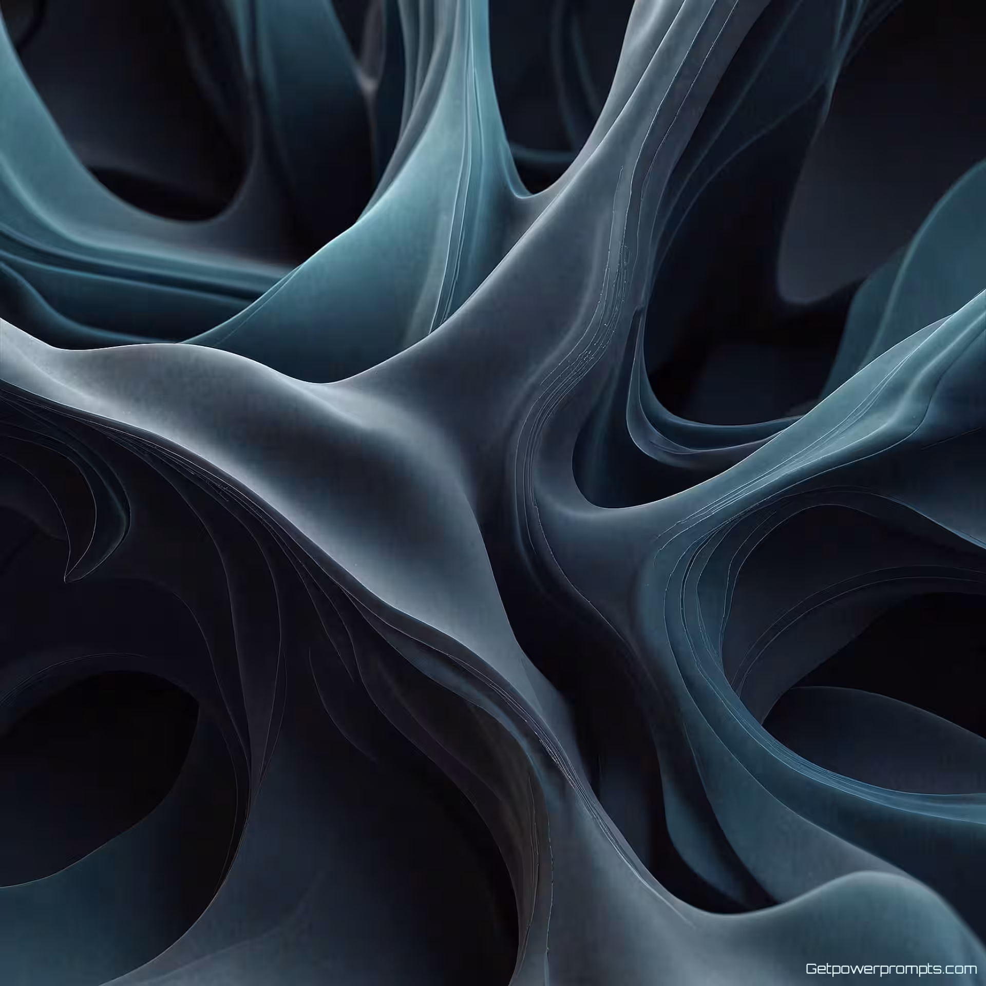 Organische vloeibare vormen, 3D abstracte kunst, futuristisch stijl, monochroom kleurenschema, zacht omgevingslicht verlichting, effen zwart achtergrond, dynamische compositie, geometrische vormen, organische vormen, professionele 3D visualisatie, gedetailleerde texturen, artistieke weergave