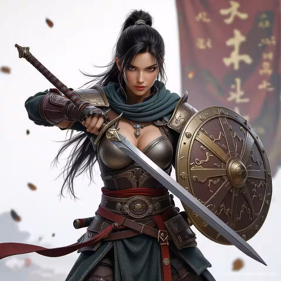 Fantasiekrijger, 3D personagemodellering, realistisch stijl, actiehouding houding, studiobelichting verlichting, effen kleur achtergrond, gedetailleerde texturen, expressief personageontwerp, professionele 3D-visualisatie