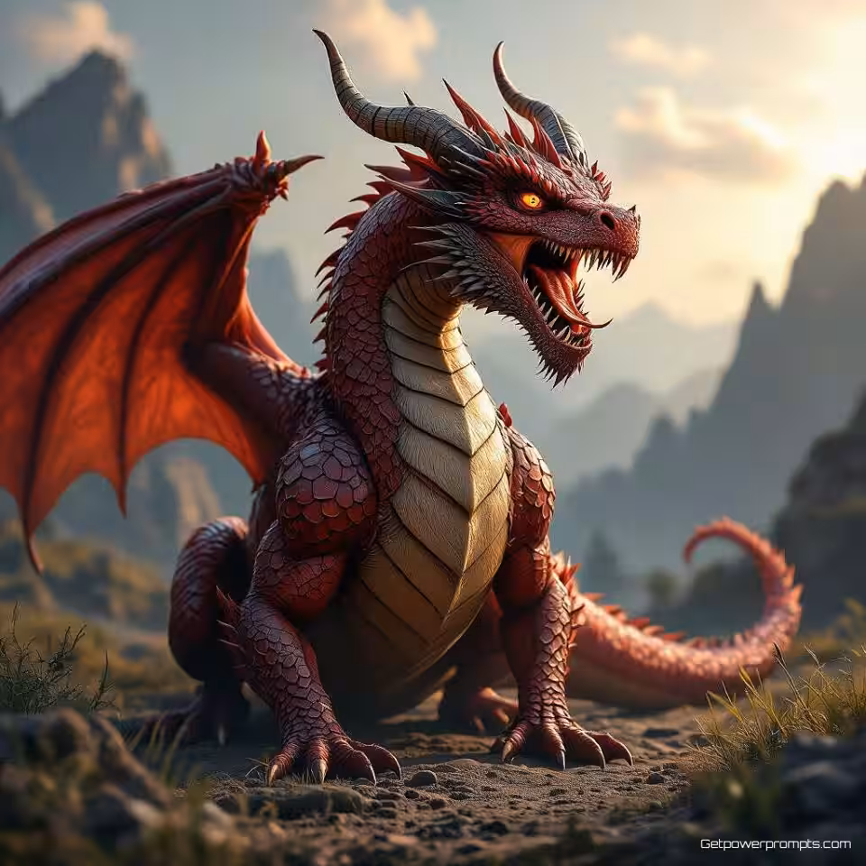 Draak, 3D wezen modellering, realistisch stijl, brullend houding, dramatisch verlichting, episch landschap omgeving, gedetailleerde texturen, mythische anatomie, expressieve kenmerken, professionele 3D visualisatie, fantasy karakterontwerp