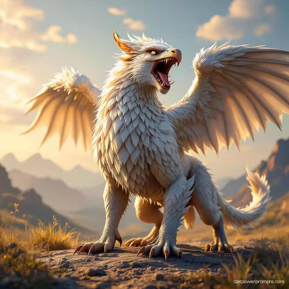 Griffioen, 3D wezen modellering, realistisch stijl, brullend houding, dramatisch verlichting, episch landschap omgeving, gedetailleerde texturen, mythische anatomie, expressieve kenmerken, professionele 3D visualisatie, fantasy karakterontwerp