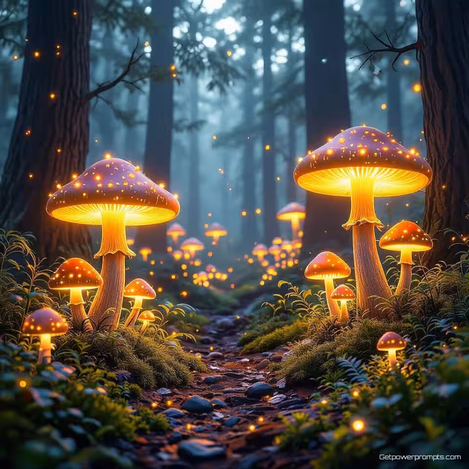 Betoverd bos met gloeiende paddenstoelen, 3D omgevingsmodellering, fotorealistisch stijl, magisch gloeiend licht verlichting, groothoek perspectief perspectief, episch landschap omgeving, magische sfeer, gedetailleerde texturen, fantasy elementen, professionele 3D visualisatie, meeslepende scène