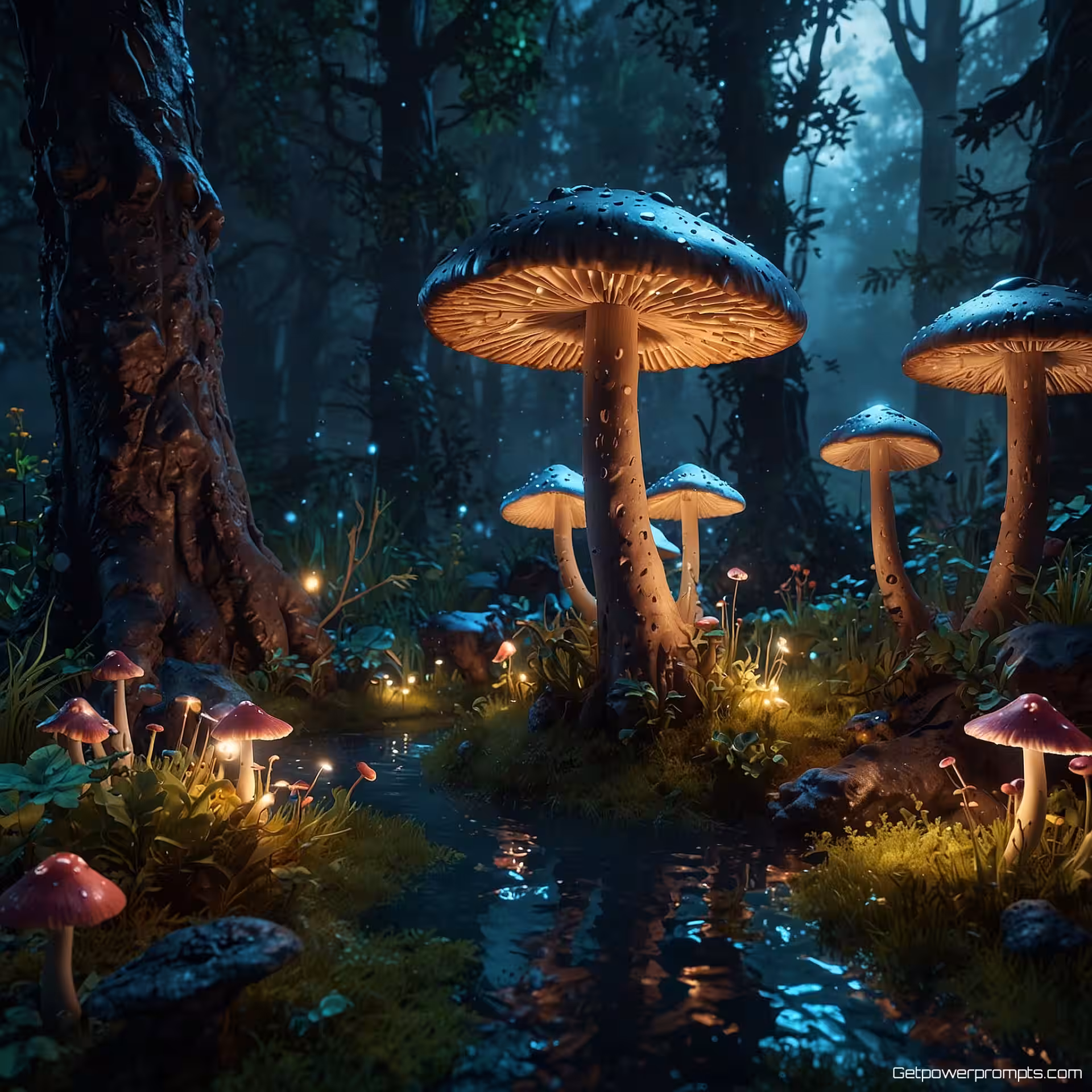 Betoverd bos met gloeiende paddenstoelen, 3D omgevingsmodellering, fotorealistisch stijl, dramatische verlichting verlichting, close-up shot perspectief, luchtlandschap omgeving, magische sfeer, gedetailleerde texturen, fantasy elementen, professionele 3D visualisatie, meeslepende scène