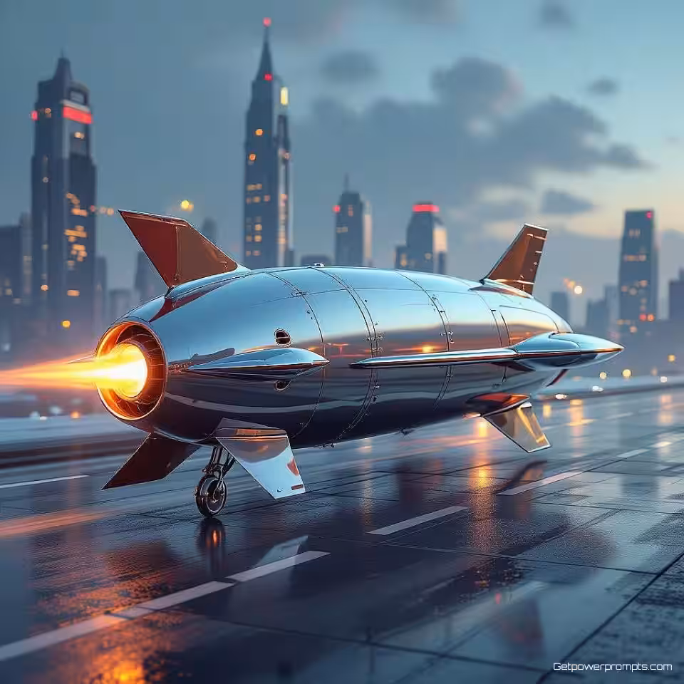 Gestroomlijnde raket met vinnen en chroom, 3D retro futurisme modellering, fotorealistisch stijl, dramatische verlichting verlichting, close-up perspectief perspectief, retro futuristische stad omgeving, vintage futuristische esthetiek, gedetailleerde texturen, nostalgische technologie, professionele 3D-visualisatie, sfeervolle weergave