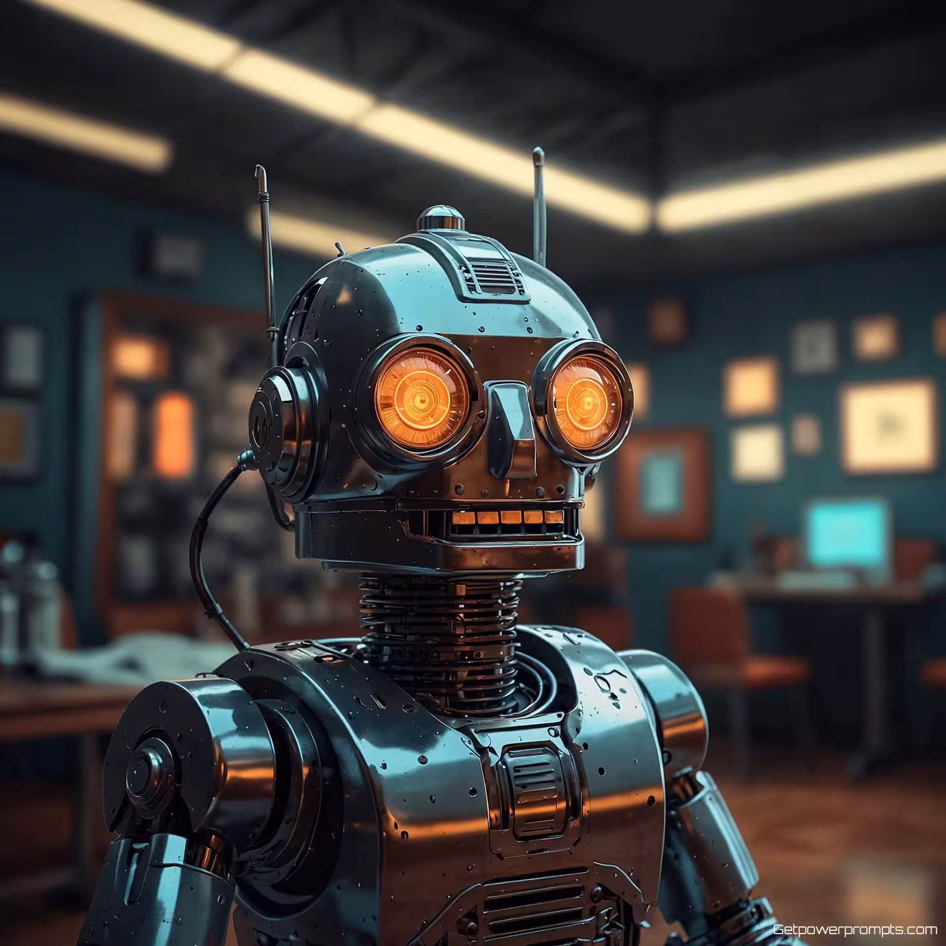 Jaren 50 stijl robot met chroom afwerking, 3D retro futurisme modellering, vintage illustratie stijl stijl, cinematografische verlichting verlichting, laag standpunt perspectief perspectief, woestijnlandschap achtergrond omgeving, vintage futuristische esthetiek, gedetailleerde texturen, nostalgische technologie, professionele 3D-visualisatie, sfeervolle weergave