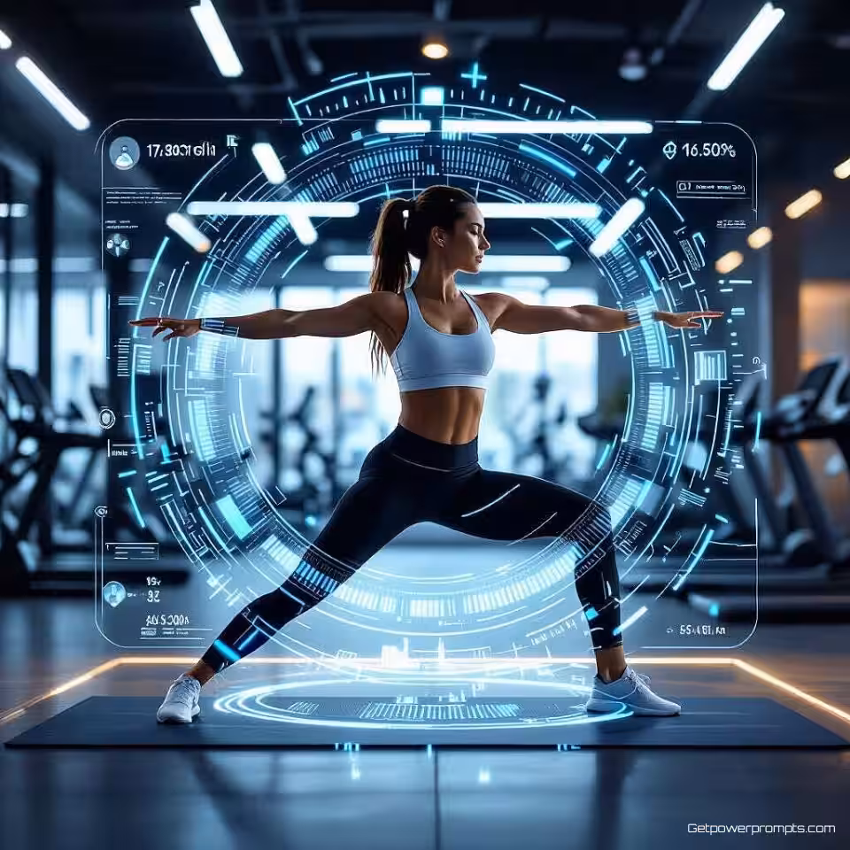 Yogahouding, fotorealistisch, sportschool achtergrond, studio verlichting verlichting, augmented reality workout overlay, holografische oefeningsstatistieken, real-time prestatie tracking, interactieve fitness interface, digitale coaching visualisatie, futuristische trainingstechnologie, zwevende biometrische gegevens, bewegingsvolg effecten