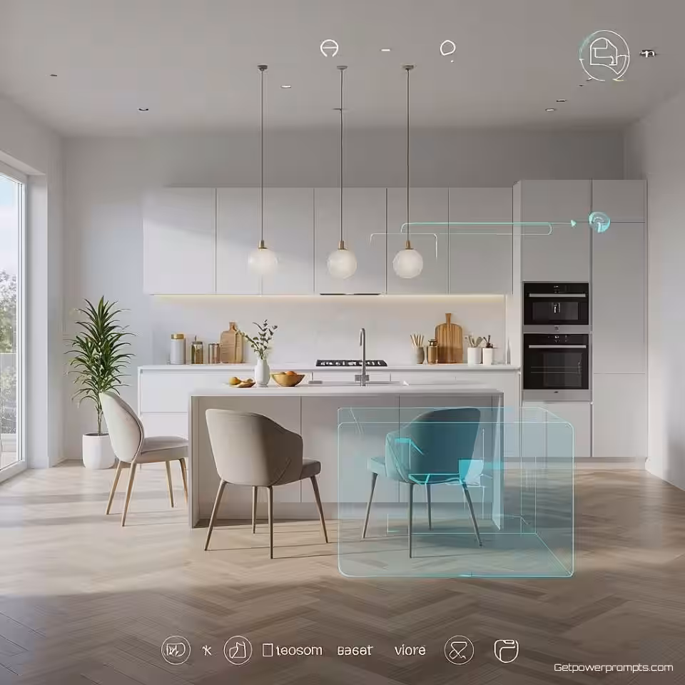 Minimalistische keuken, fotorealistisch, lege kamer achtergrond, natuurlijk daglicht verlichting, augmented reality interieurontwerp overlay, holografische meubelplaatsing, interactieve ruimte-indeling visualisatie, real-time decoratie aanpassing, zwevende ontwerpelementen, futuristische woningplanning interface, naadloze virtuele inrichting