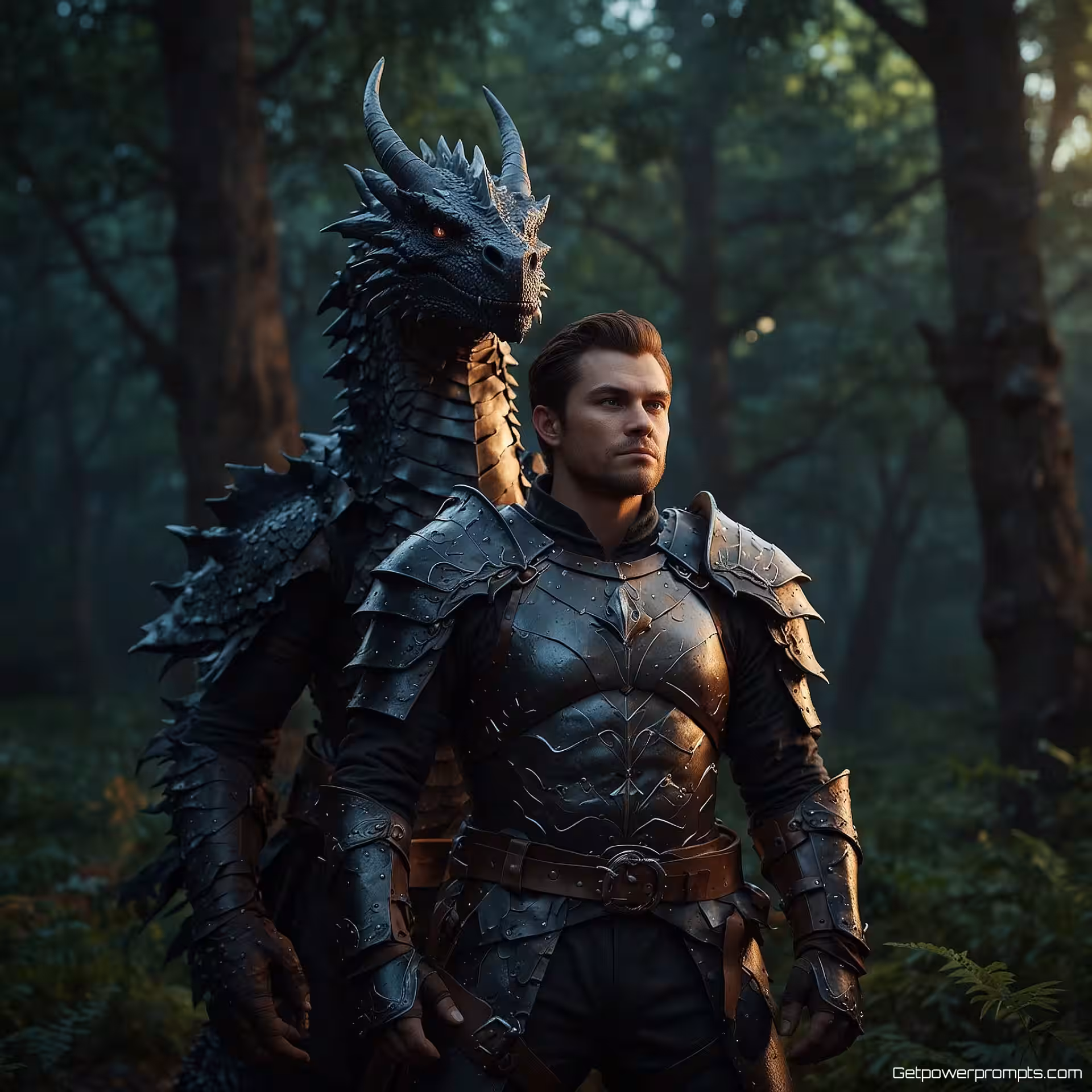 Drakenrijder in leren harnas, 3D render, donkere fantasy sfeer, natuurlijk licht verlichting, magische omgeving achtergrond, gedetailleerd karakterontwerp, fantasy esthetiek, cinematografische kwaliteit