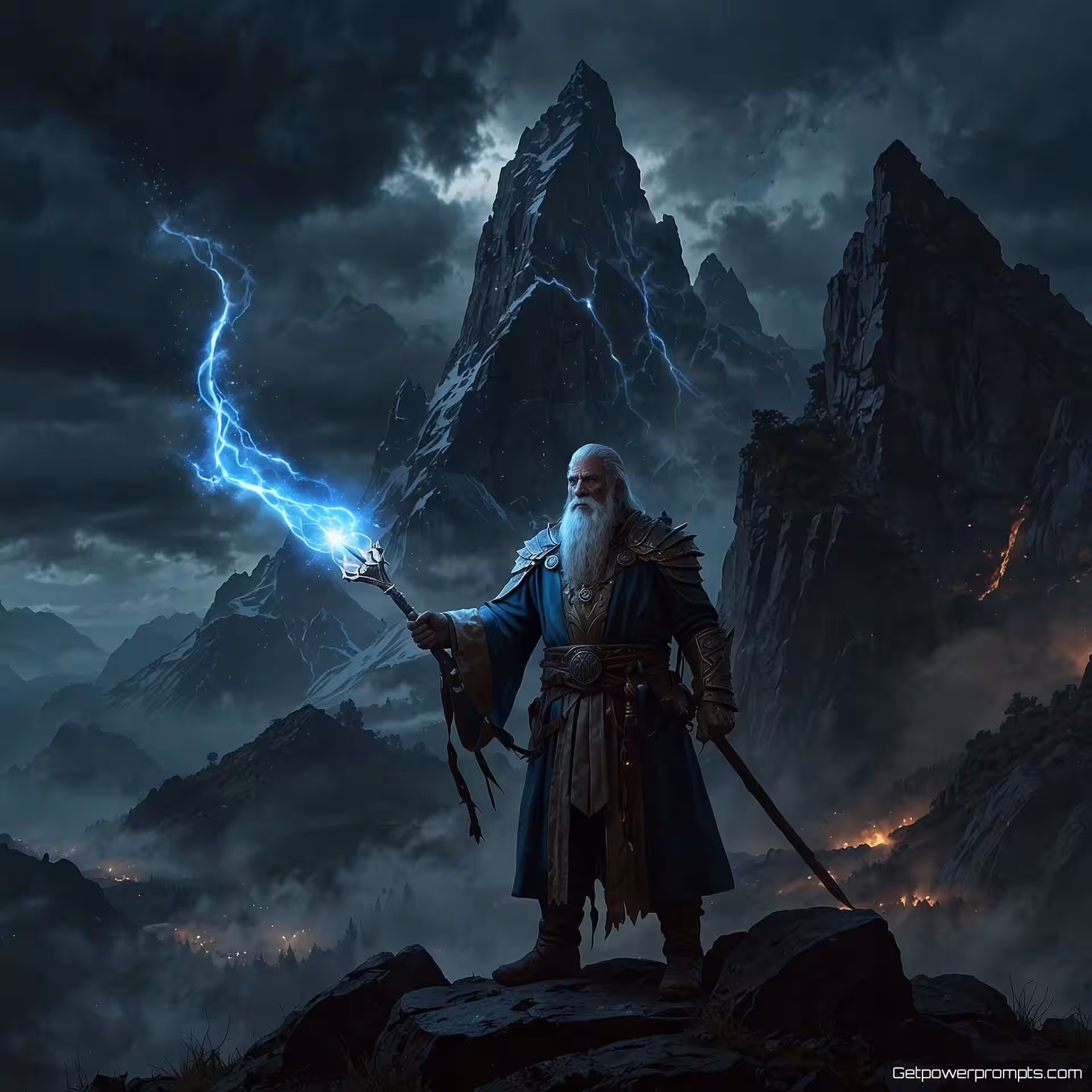 Oude tovenaar met gloeiende kristallen staf, concept art, heldhaftig sfeer, dramatische verlichting verlichting, fantasy architectuur achtergrond, gedetailleerd karakterontwerp, fantasy esthetiek, cinematografische kwaliteit