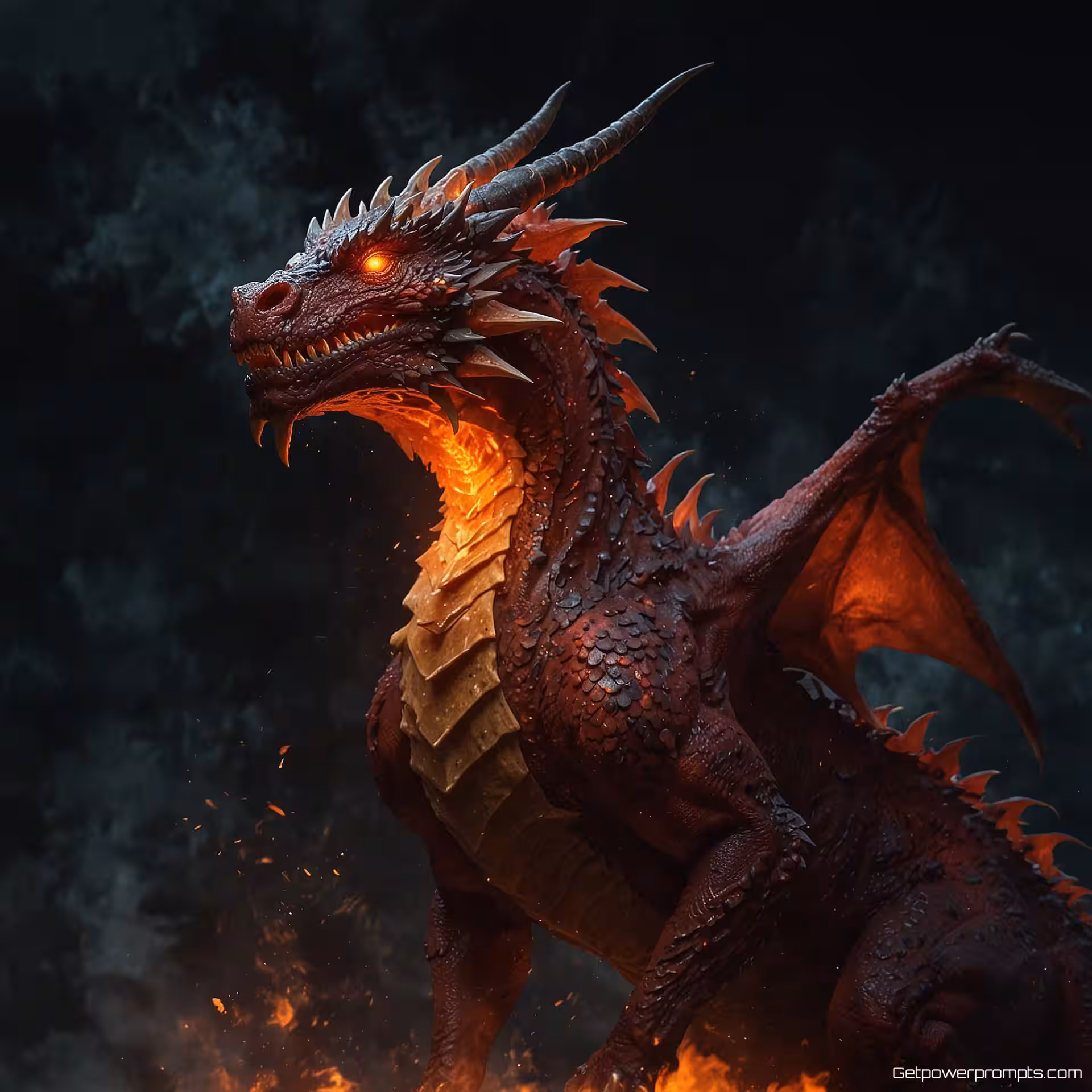 Vuur draak, digitale schilderkunst, mysterieus sfeer, dramatische verlichting verlichting, warme kleuren kleurenschema, fantasy wezen ontwerp, gedetailleerde anatomie, mythische esthetiek, cinematische kwaliteit, dynamische pose