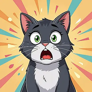 Tekenfilm kat, vloeiende digitale animatie animatieframe, geschokte verrassing expressie, effen kleur achtergrond achtergrond, herhalend GIF-formaat, overdreven gezichtskenmerken, felle levendige kleuren kleuren, vloeiende bewegingscycli, internet meme-esthetiek, virale reactie-inhoud, perfecte lus-timing