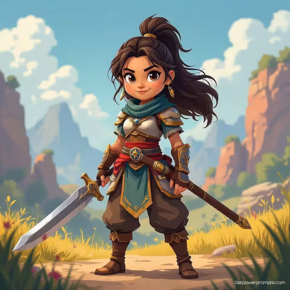 Fantasy strijder karakter, 2D traditionele animatie animatiestill, speelse sfeer sfeer, fantasy landschap achtergrond achtergrond, dynamische karakterhouding, expressieve gezichtskenmerken, pastelkleuren palet kleuren, cinematografische belichting, gedetailleerd karakterontwerp, animatie keyframe esthetiek