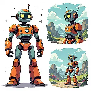 Robot karakter ontwerp, 2D traditionele animatie animatiestill, speelse sfeer sfeer, fantasy landschap achtergrond achtergrond, dynamische karakterhouding, expressieve gezichtskenmerken, pastelkleuren palet kleuren, cinematografische belichting, gedetailleerd karakterontwerp, animatie keyframe esthetiek