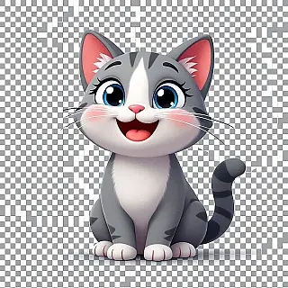 Schattige glunderende kat, 3D render digitale emoji, blij expressie, transparant achtergrond, geanimeerde sticker esthetiek, vereenvoudigde cartoon kenmerken, dikke contouren, helder en vrolijk kleuren, expressieve gezichtsanimatie, digitale illustratie stijl, mobiele app emoji ontwerp, schone vector kunst, speels karakter ontwerp