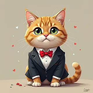 Angstige kat in formeel pak, digitale schildering digitale cartoon, speels sfeer, minimalistisch achtergrond, absurde situatie, surrealistische humor, overdreven proporties, pastel kleuren, speelse compositie, onverwacht scenario, visuele grap, cartoonfysica, komische timing, digitale illustratiestijl