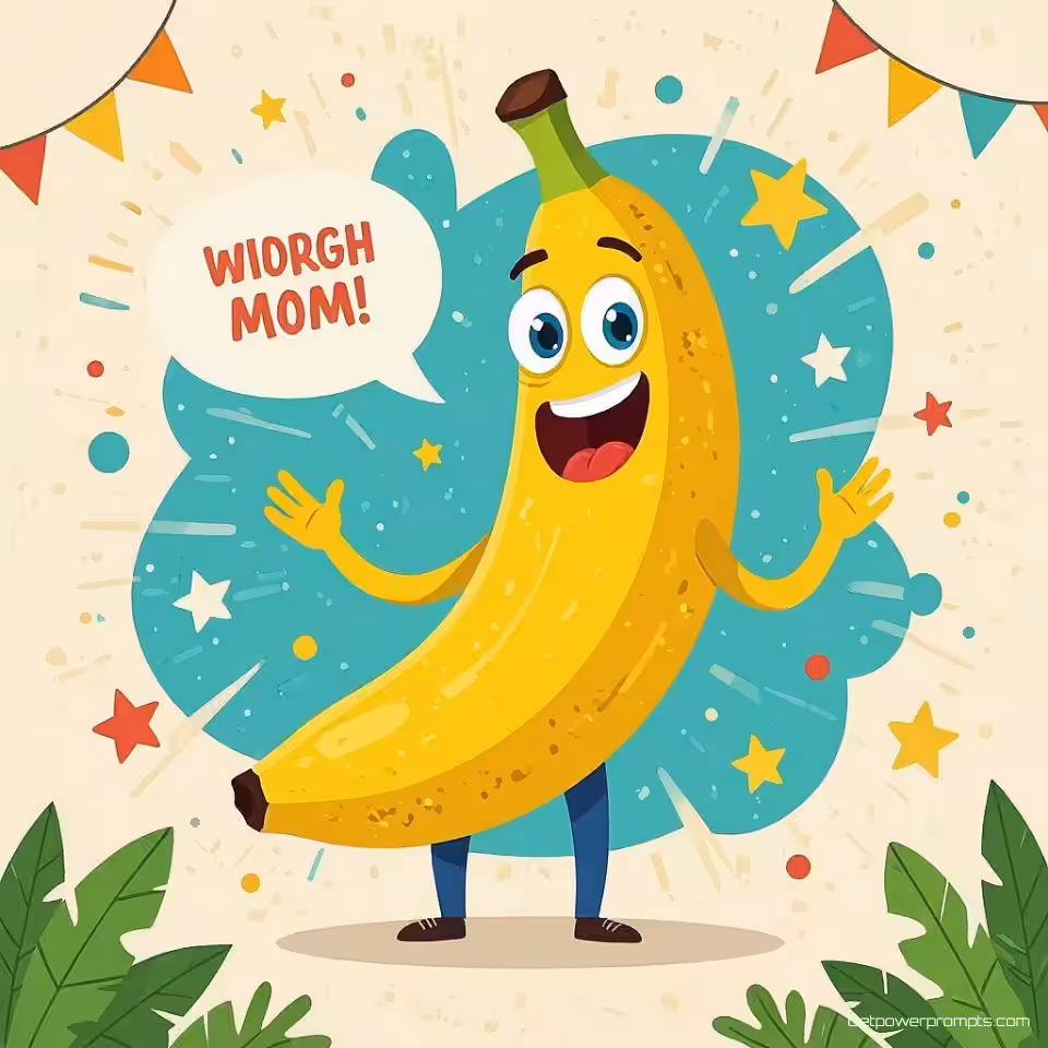 Pratende banaan die motiverende toespraak houdt, vectorillustratie digitale cartoon, speels sfeer, minimalistisch achtergrond, absurde situatie, surrealistische humor, overdreven proporties, pastel kleuren, speelse compositie, onverwacht scenario, visuele grap, cartoonfysica, komische timing, digitale illustratiestijl