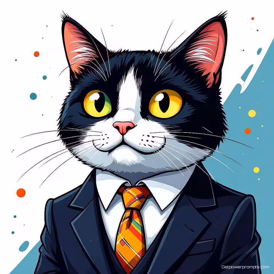 Angstige kat in formeel pak, vectorillustratie digitale cartoon, speels sfeer, minimalistisch achtergrond, absurde situatie, surrealistische humor, overdreven proporties, pastel kleuren, speelse compositie, onverwacht scenario, visuele grap, cartoonfysica, komische timing, digitale illustratiestijl