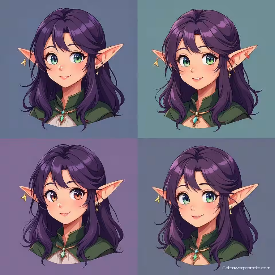 Fantasy elf personage, anime stijl personage portret, blije uitdrukking uitdrukking, kleurverloop achtergrond achtergrond, zacht licht verlichting, gedetailleerde gezichtskenmerken, expressieve ogen, cartoon personage ontwerp, levendige kleuren, professionele digitale illustratie, karakter referentieblad stijl