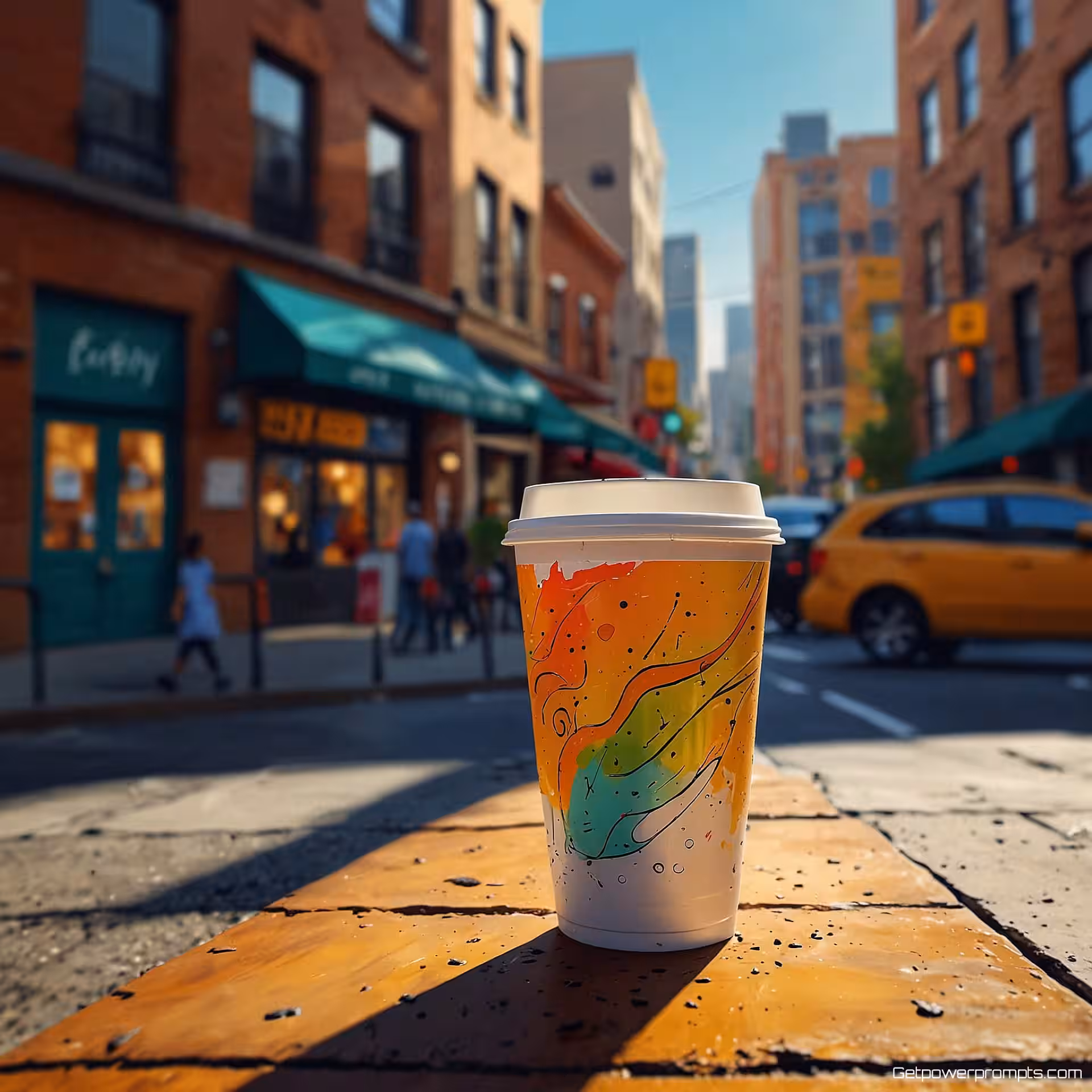 Sprekende koffiekop, digitale schildering digitale kunst, vrolijk sfeer, stadstraat achtergrond, cartoon illustratiestijl, expressief karakterontwerp, levendige kleuren, gedetailleerd lijnwerk, speelse compositie