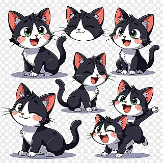 Speelse cartoon kat, anime stijl karakterblad, speelse uitdrukkingen uitdrukkingen, effen kleur achtergrond achtergrond, meerdere karakterhoudingen, helder en levendig kleurenpalet kleuren, expressieve gezichtskenmerken, dynamische actiehoudingen, karakterontwerp referentie, professionele digitale illustratie, cartoon esthetiek, karakter turnaround, emotie studies, ontwerp consistentie, visuele ontwikkelingskunst