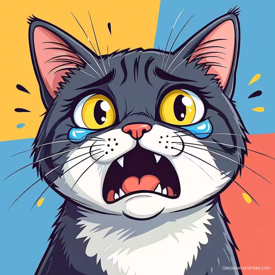 Huilende kat, vector kunst digitale cartoon, hilarisch uitdrukking, effen kleur achtergrond, meme sjabloonformaat, dikke contouren, overdreven gezichtskenmerken, fel en levendig kleuren, internet meme esthetiek, virale content stijl, herkenbare humor