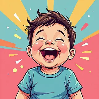 Lachende baby, vector kunst digitale cartoon, hilarisch uitdrukking, effen kleur achtergrond, meme sjabloonformaat, dikke contouren, overdreven gezichtskenmerken, fel en levendig kleuren, internet meme esthetiek, virale content stijl, herkenbare humor
