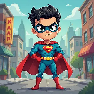 Superheld personage, moderne cartoon digitale parodie, sarcastisch sfeer, stedelijk landschap achtergrond, popcultuur referentie, overdreven cartoonstijl, humoristische herinterpretatie, fel en levendig kleuren, geestige visuele woordspeling, hedendaagse humor esthetiek, slimme aanpassing