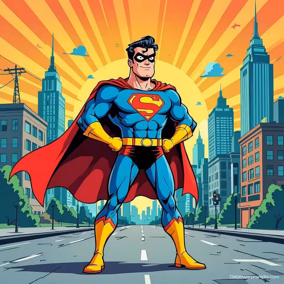 Superheld personage, retro animatie digitale parodie, sarcastisch sfeer, stedelijk landschap achtergrond, popcultuur referentie, overdreven cartoonstijl, humoristische herinterpretatie, fel en levendig kleuren, geestige visuele woordspeling, hedendaagse humor esthetiek, slimme aanpassing