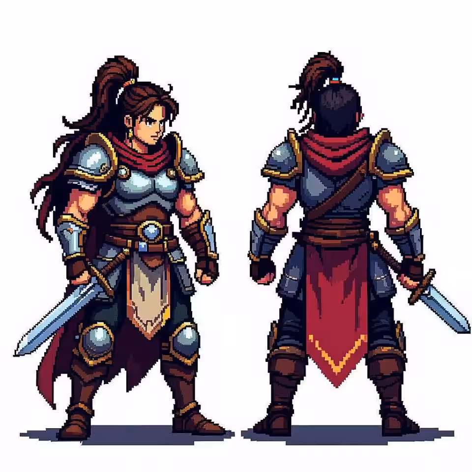 Fantasie krijger, 8-bit retro pixel art, heroïsch sfeer, transparant achtergrond, retro gaming esthetiek, 8-bit stijl, beperkt kleurenpalet, blokkerige pixels, nostalgisch videogame personage, sprite sheet formaat, pastel kleuren, lage resolutie charme, pixel perfect details