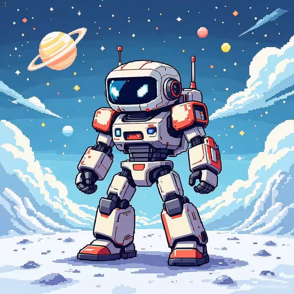 Ruimte robot, 8-bit retro pixel art, heroïsch sfeer, transparant achtergrond, retro gaming esthetiek, 8-bit stijl, beperkt kleurenpalet, blokkerige pixels, nostalgisch videogame personage, sprite sheet formaat, pastel kleuren, lage resolutie charme, pixel perfect details