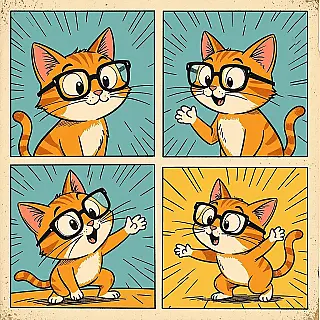 Antropomorfe kat met bril, middeleeuwse cartoonstijl stripverhaal, fysieke komedie en overdreven acties sfeer, eenvoudige achtergrond met minimale details achtergrond, vintage krantenesthetiek, klassiek strippaneel lay-out, handgetekende lijnvoering, natuurlijke en aardse kleuren kleuren, retro printtextuur, vierpaneel stripverhaalformaat, nostalgische humorstijl, expressieve personagehoudingen, sequentiële vertelling