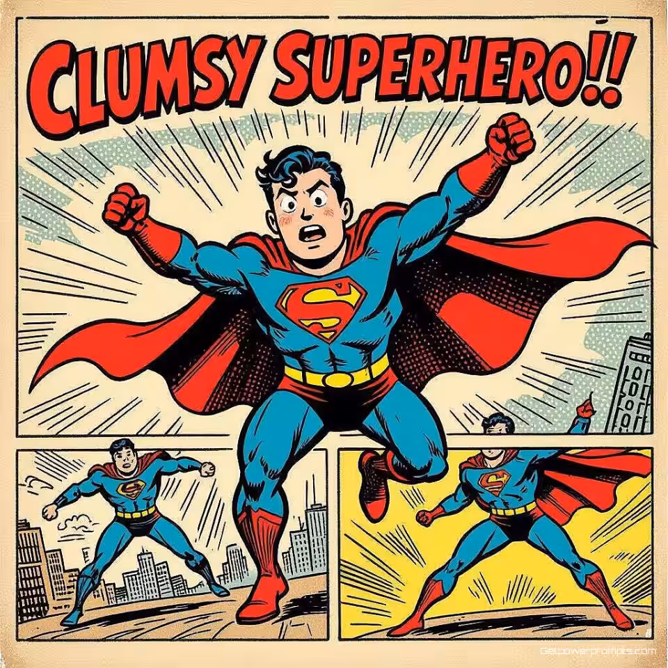 Onhandige superheld in kostuum, vintage krantenstrip stripverhaal, fysieke komedie en overdreven acties sfeer, eenvoudige achtergrond met minimale details achtergrond, vintage krantenesthetiek, klassiek strippaneel lay-out, handgetekende lijnvoering, natuurlijke en aardse kleuren kleuren, retro printtextuur, vierpaneel stripverhaalformaat, nostalgische humorstijl, expressieve personagehoudingen, sequentiële vertelling