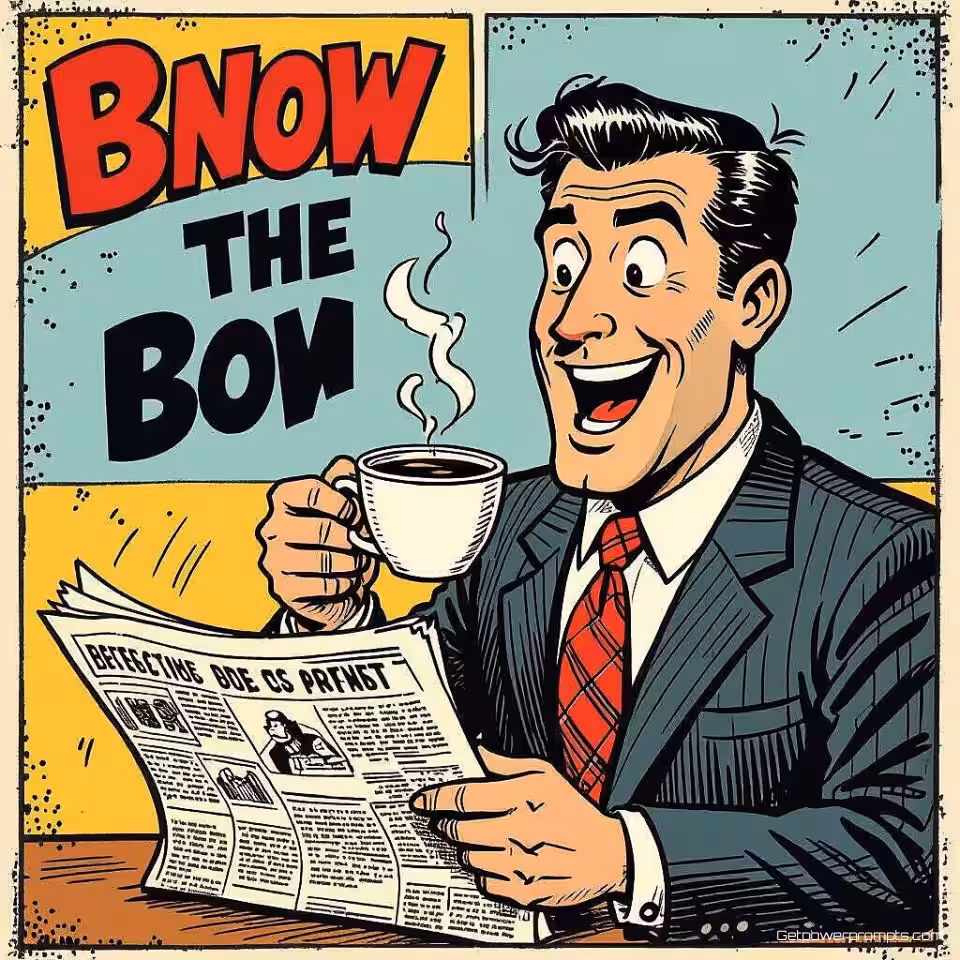 Uitgebreide zakenman met koffie, vintage krantenstrip stripverhaal, fysieke komedie en overdreven acties sfeer, eenvoudige achtergrond met minimale details achtergrond, vintage krantenesthetiek, klassiek strippaneel lay-out, handgetekende lijnvoering, natuurlijke en aardse kleuren kleuren, retro printtextuur, vierpaneel stripverhaalformaat, nostalgische humorstijl, expressieve personagehoudingen, sequentiële vertelling