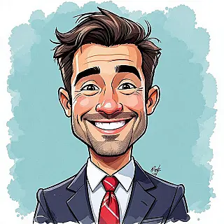 Cartoon zakenman, aquarel illustratie karikatuur kunst, speels sfeer, effen kleur achtergrond, overdreven fysieke kenmerken, humoristische vervorming, expressieve persoonlijkheidskenmerken, helder en levendig kleuren, speelse overdrijving, professionele cartoonillustratie, onderscheidend karakterontwerp, komische portretstijl