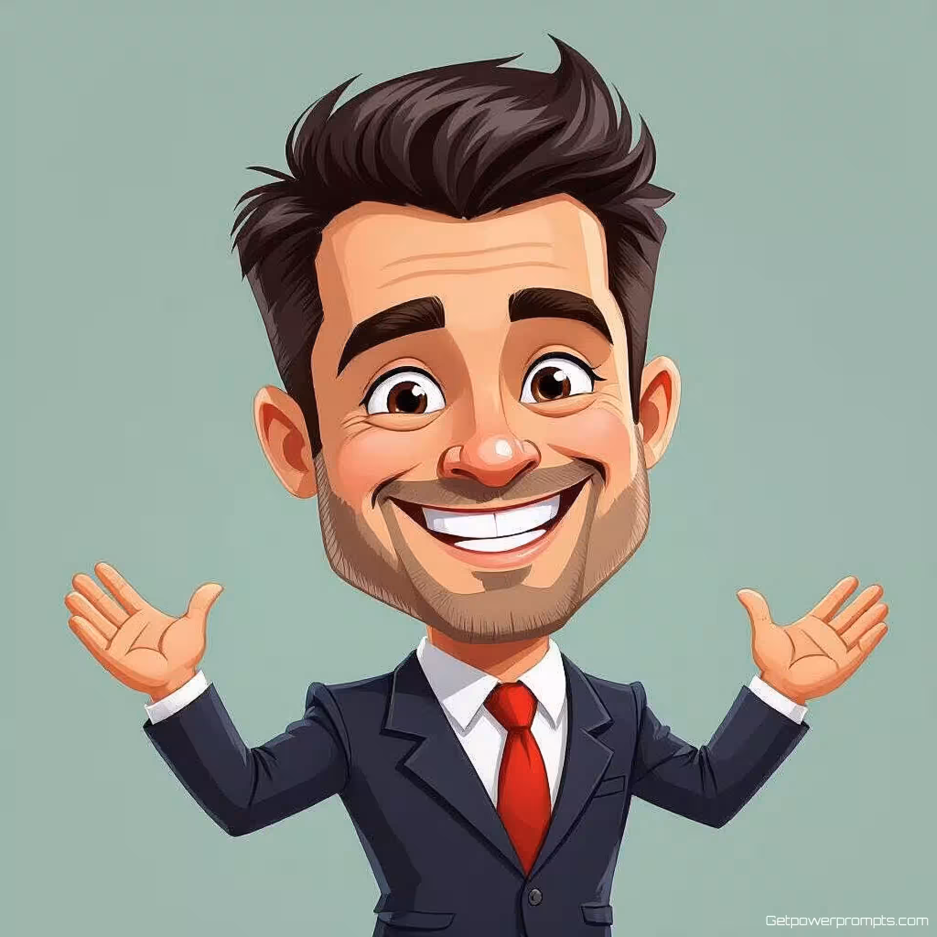 Cartoon zakenman, digitale cartoon karikatuur kunst, speels sfeer, effen kleur achtergrond, overdreven fysieke kenmerken, humoristische vervorming, expressieve persoonlijkheidskenmerken, helder en levendig kleuren, speelse overdrijving, professionele cartoonillustratie, onderscheidend karakterontwerp, komische portretstijl