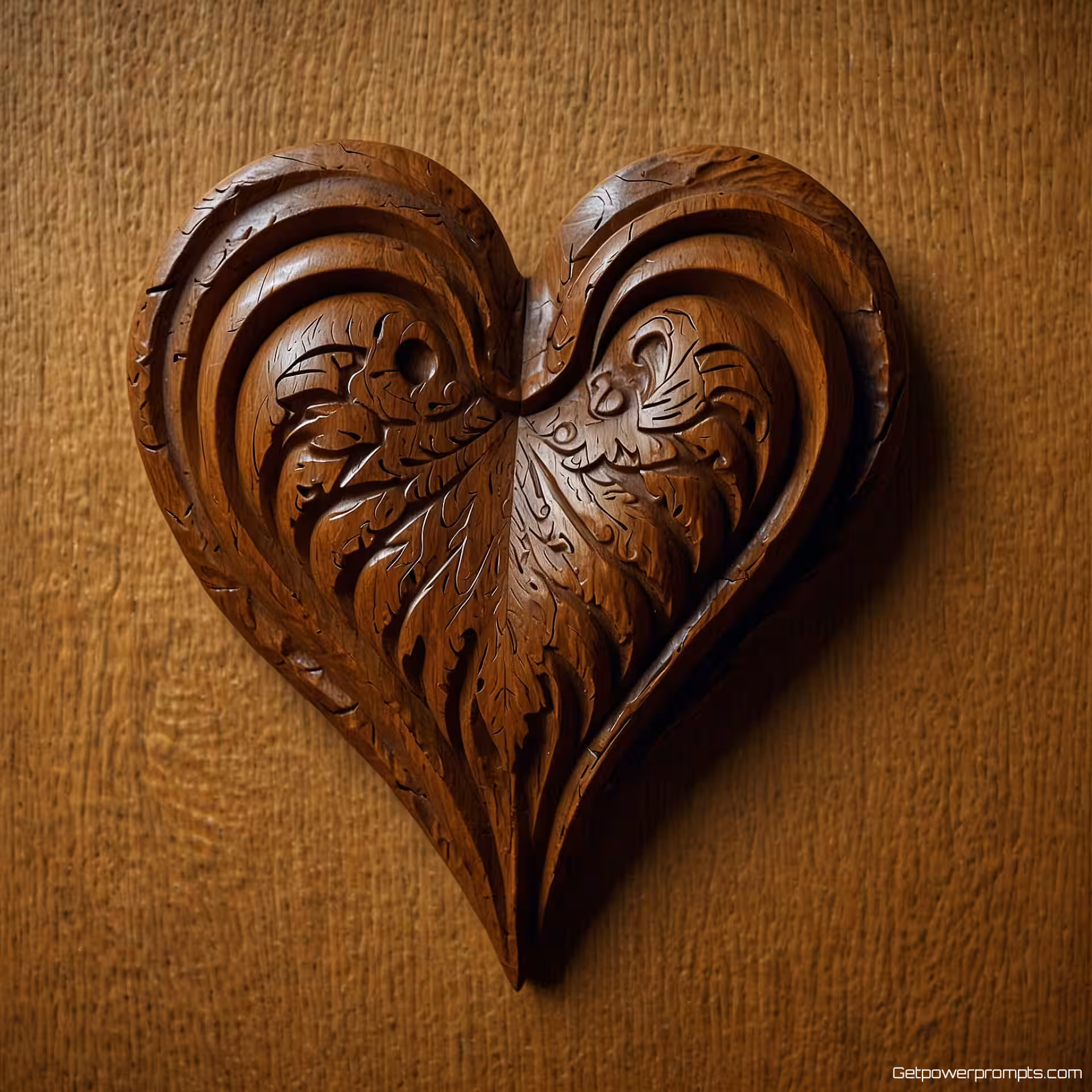 Hart, houtsnijkunst stijl, eik textuur, diep reliëf, effen kleur achtergrond, natuurlijk belichting, handgemaakte esthetiek, organische houtnerf, natuurlijke materialen, gecentreerde compositie, professioneel pictogramontwerp, driedimensionaal uiterlijk, rustieke charme