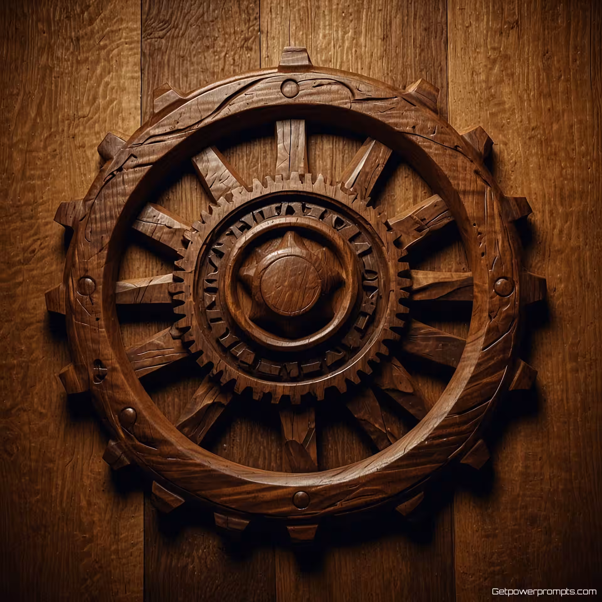 Tandwiel, houtsnijkunst stijl, walnoot textuur, diep reliëf, getextureerd achtergrond, natuurlijk belichting, handgemaakte esthetiek, organische houtnerf, natuurlijke materialen, gecentreerde compositie, professioneel pictogramontwerp, driedimensionaal uiterlijk, rustieke charme