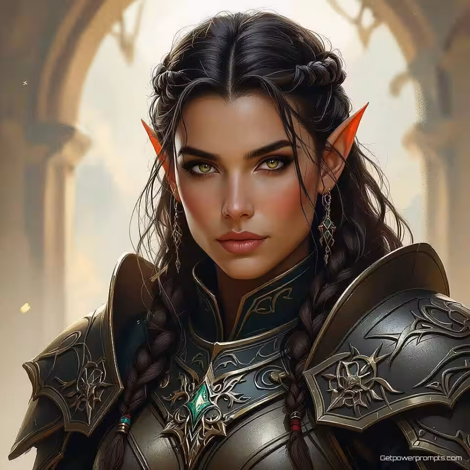 Elf krijger met ingewikkeld harnas, digitaal schilderen portret illustratie, mysterieus sfeer, close-up perspectief, pastel kleuren, zacht licht verlichting, gedetailleerde gezichtskenmerken, expressieve karakterkunst, digitale schilderstijl, emotionele diepte, artistiek portret