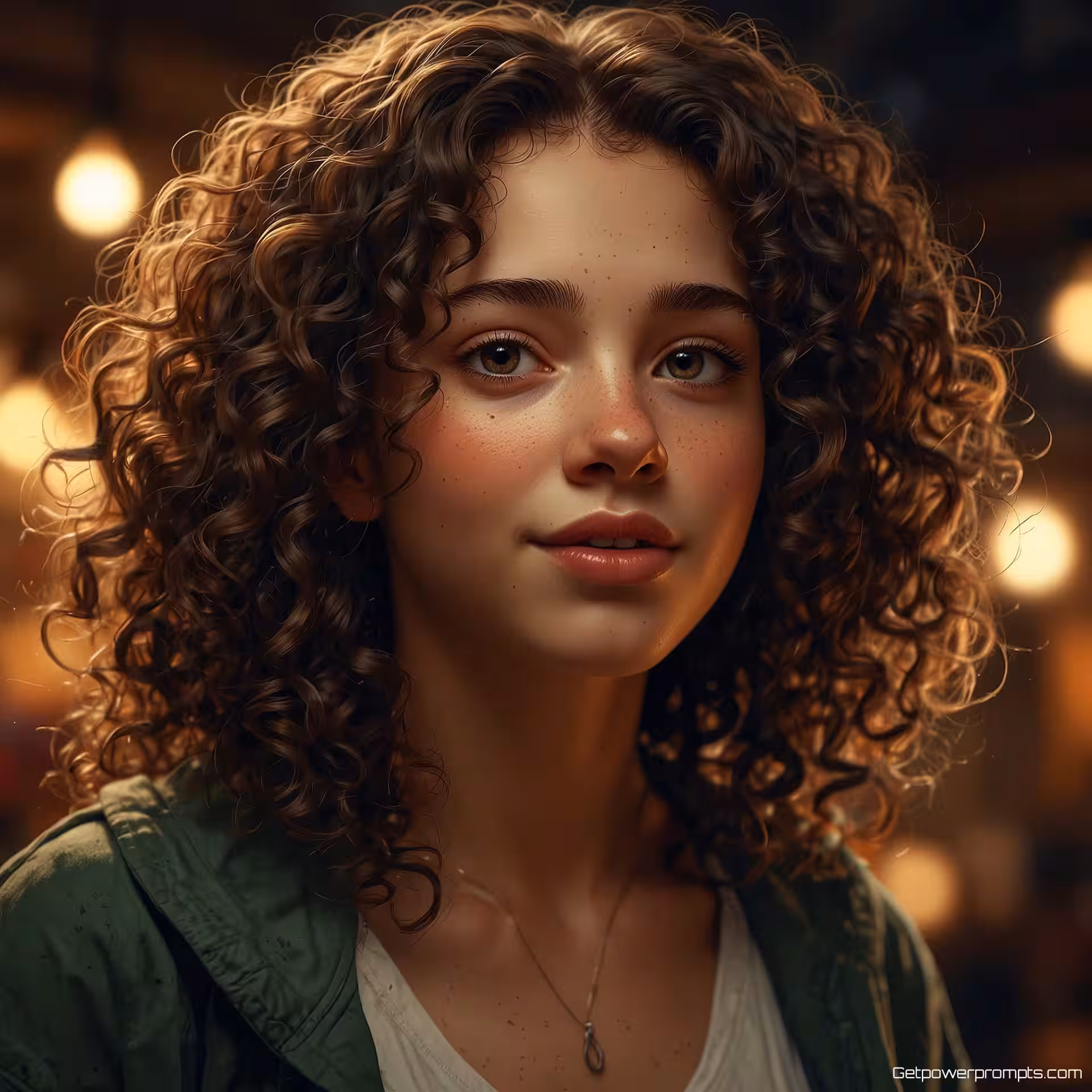 Jonge vrouw met krullend haar, digitaal schilderen portret illustratie, vrolijk sfeer, close-up perspectief, pastel kleuren, zacht licht verlichting, gedetailleerde gezichtskenmerken, expressieve karakterkunst, digitale schilderstijl, emotionele diepte, artistiek portret