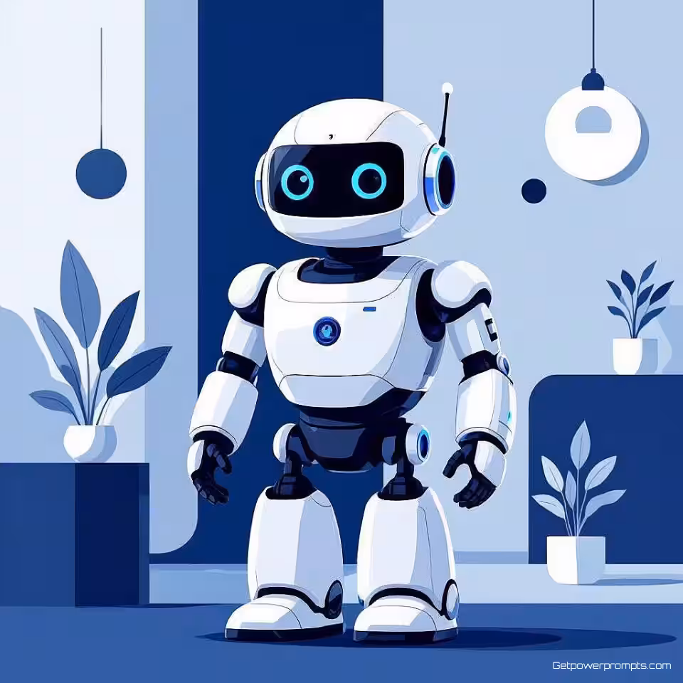 Vriendelijk robotpersonage, minimalistisch illustratie, professioneel sfeer, gecentreerd perspectief, pastelkleuren, merkidentiteit ontwerp, moderne esthetiek, schone lijnen, digitale kunst, professionele presentatie