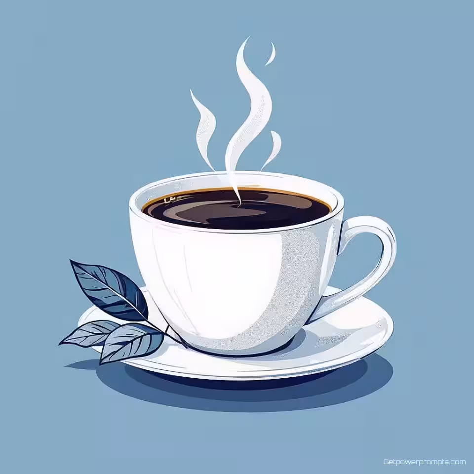 Dampende koffiekop met bladeren, minimalistisch illustratie, professioneel sfeer, gecentreerd perspectief, pastelkleuren, merkidentiteit ontwerp, moderne esthetiek, schone lijnen, digitale kunst, professionele presentatie