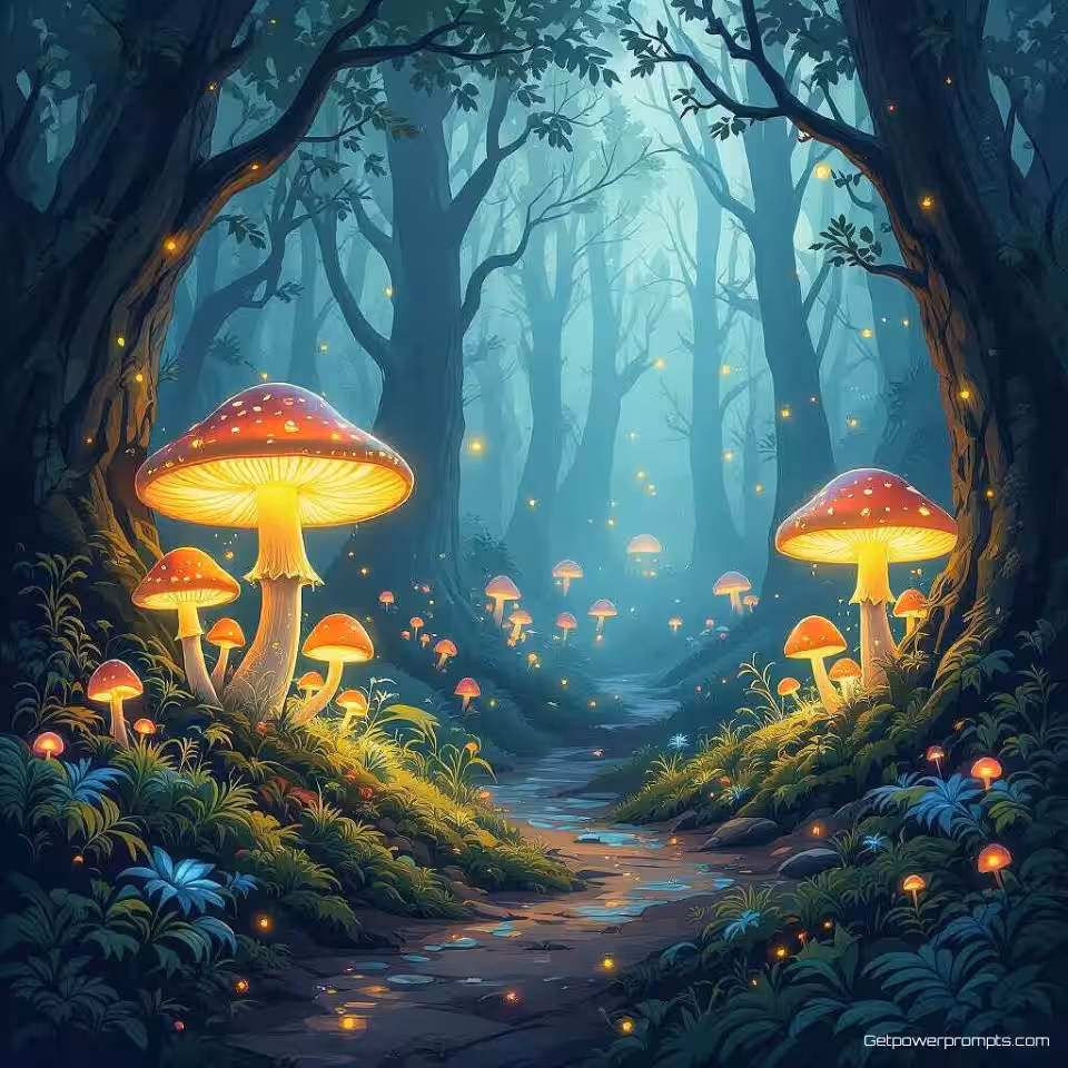 Betoverd bos met gloeiende paddenstoelen, digitaal schilderen illustratie, mysterieus sfeer, breed shot perspectief, pastelkleuren, gedetailleerde omgeving, sfeervolle belichting, digitale schilderstijl